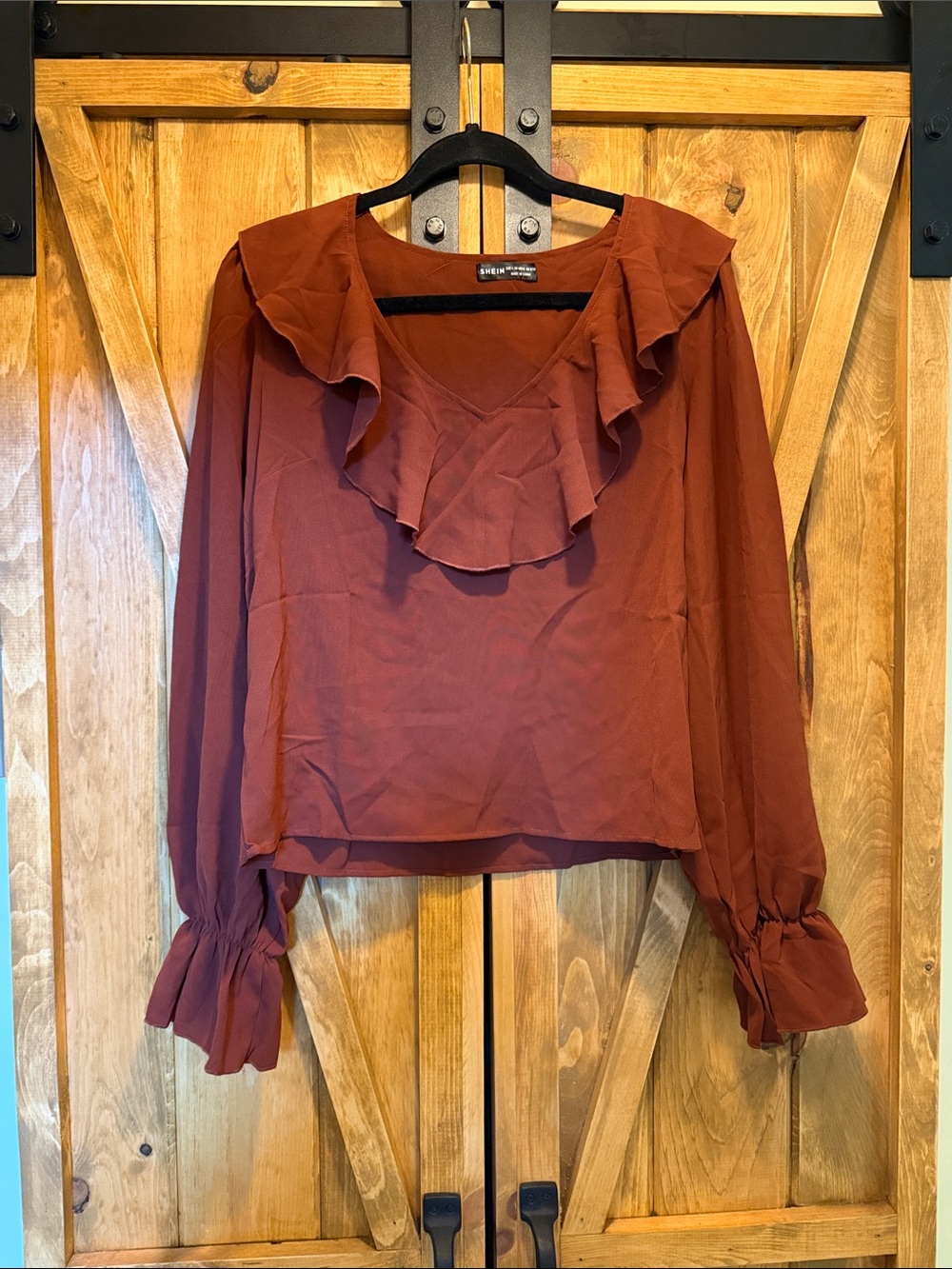 SHEIN Rust Ruffle V-Neck Long Sleeve Blouse